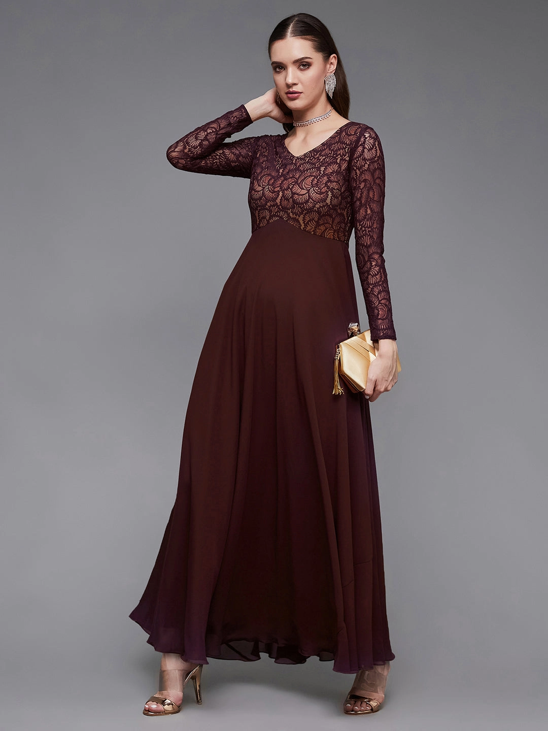 Women's Wine V-Neck Full Sleeve Self Design Lace-Overlaid Georgette Maxi Dress Elegant Look
