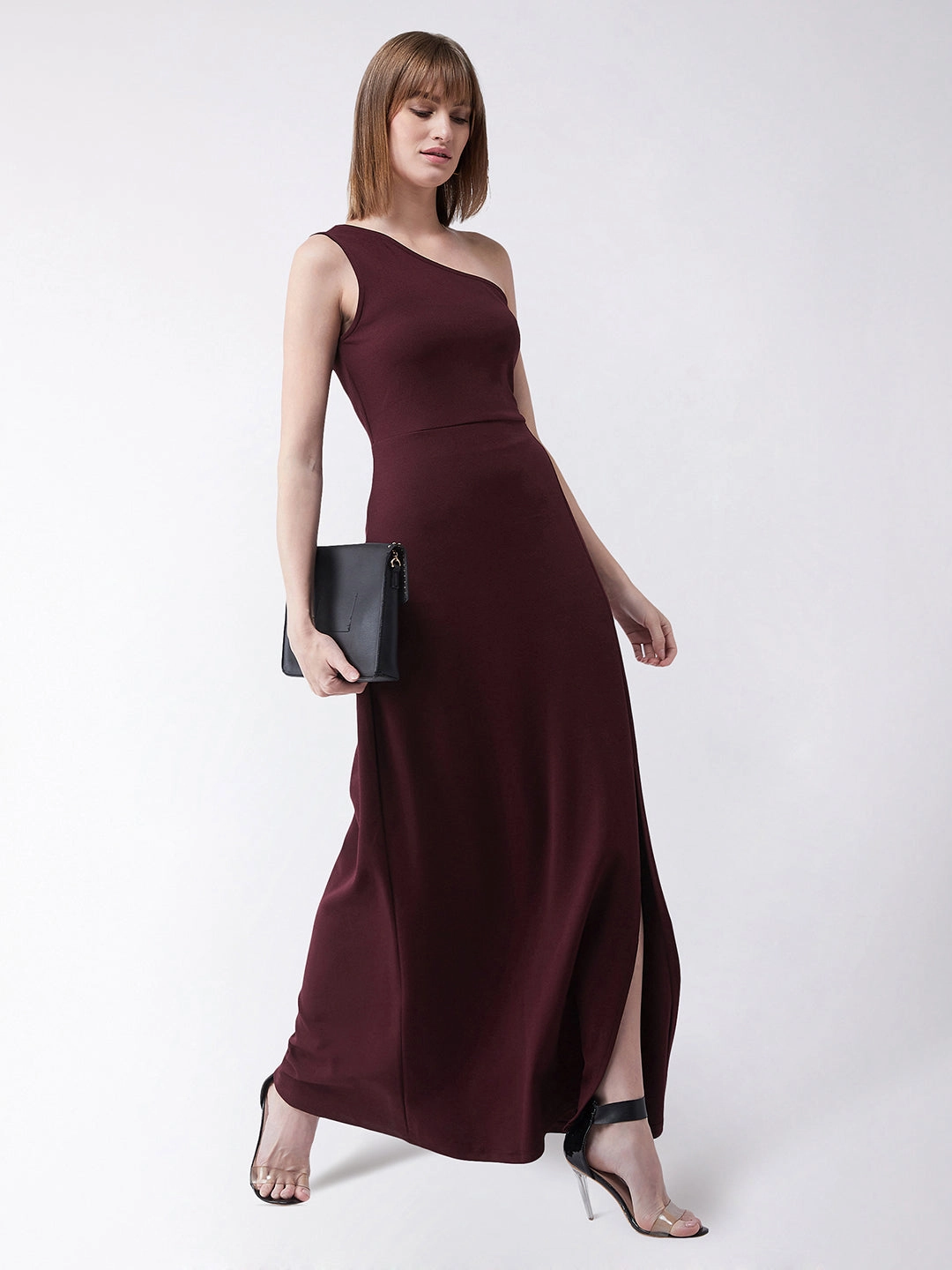 Crease Ease Women's Wine Red One-Shoulder Sleeveless Solid Side Slit Maxi Dress Fresh Palette Comfortable office piece