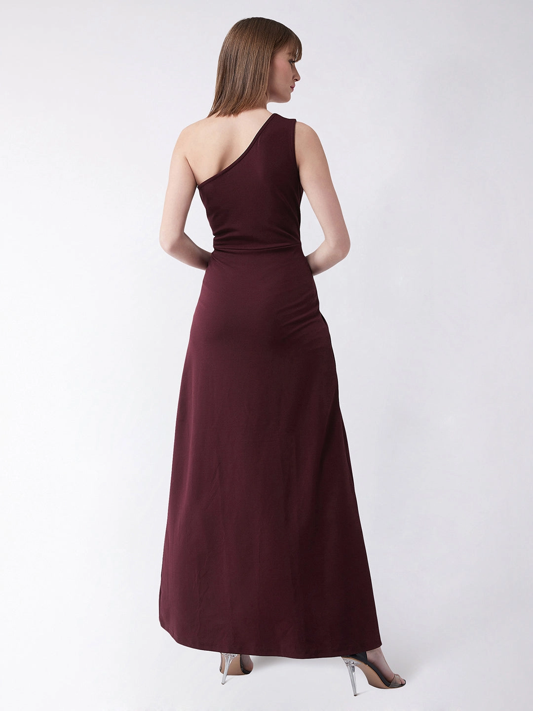 Crease Ease Women's Wine Red One-Shoulder Sleeveless Solid Side Slit Maxi Dress Effortless Comfort Life Soft