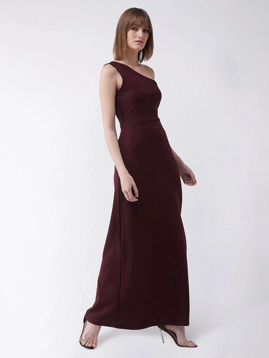Crease Ease Women's Wine Red One-Shoulder Sleeveless Solid Side Slit Maxi Dress Fit Clean