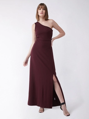 Harmonious Layers Crease Ease Women's Wine Red One-Shoulder Sleeveless Solid Side Slit Maxi Dress