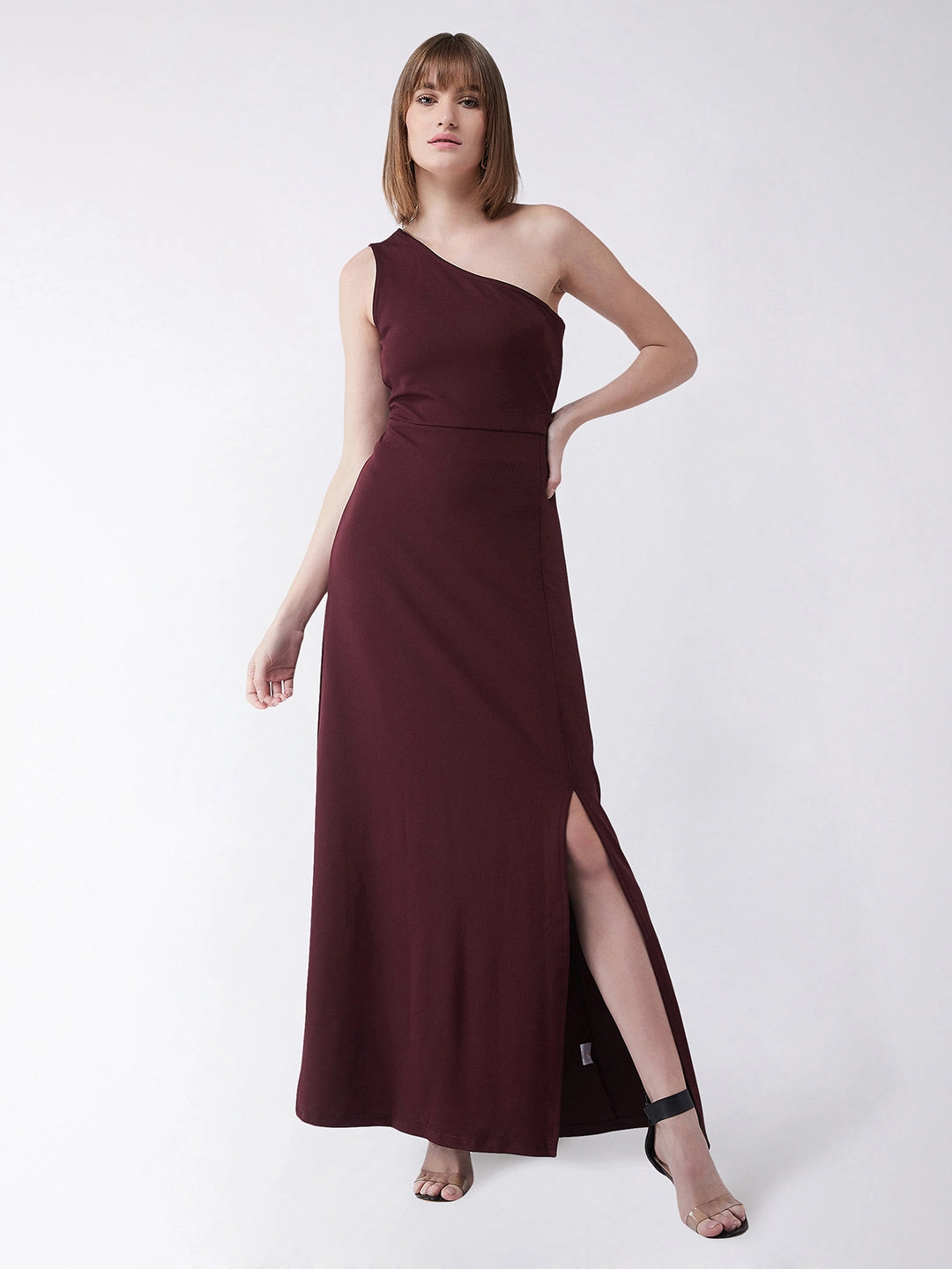 Harmonious Layers Crease Ease Women's Wine Red One-Shoulder Sleeveless Solid Side Slit Maxi Dress