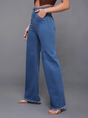 All Fit Design Night Out Traveler Gear Stylish 24/7 Comfort Mid-Blue Wide-Leg High-Rise Stretchable Denim Jeans