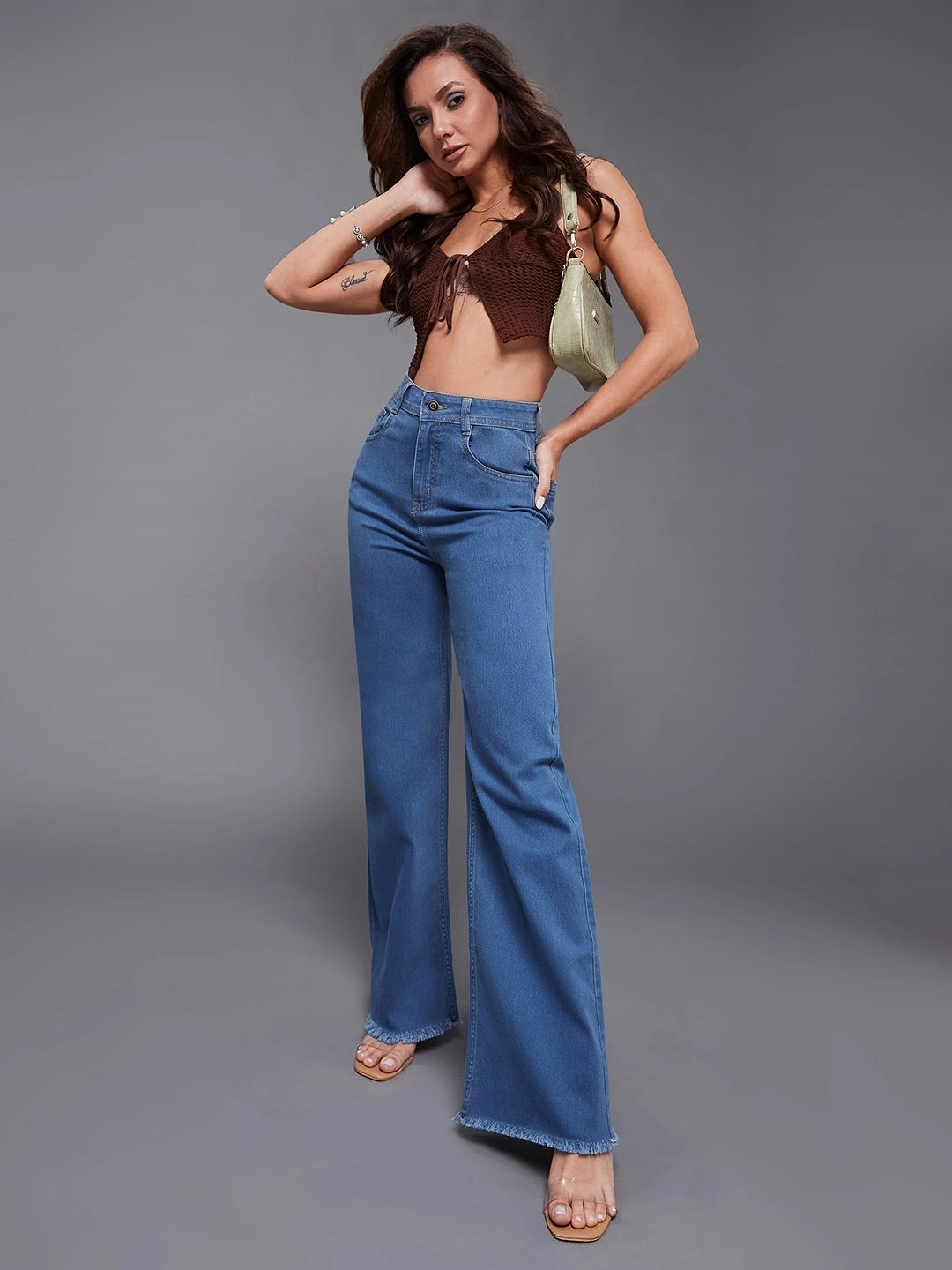 All Round Piece Textured Party Look Soft 24/7 Comfort Mid-Blue Wide-Leg High-Rise Stretchable Denim Jeans
