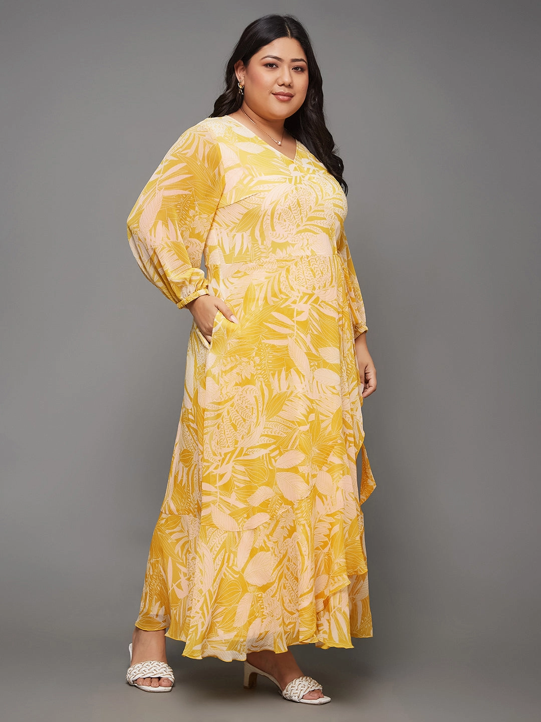 Body Bliss Yellow & White Full sleeve Floral Layered Maxi Dress Comfortable and Soft