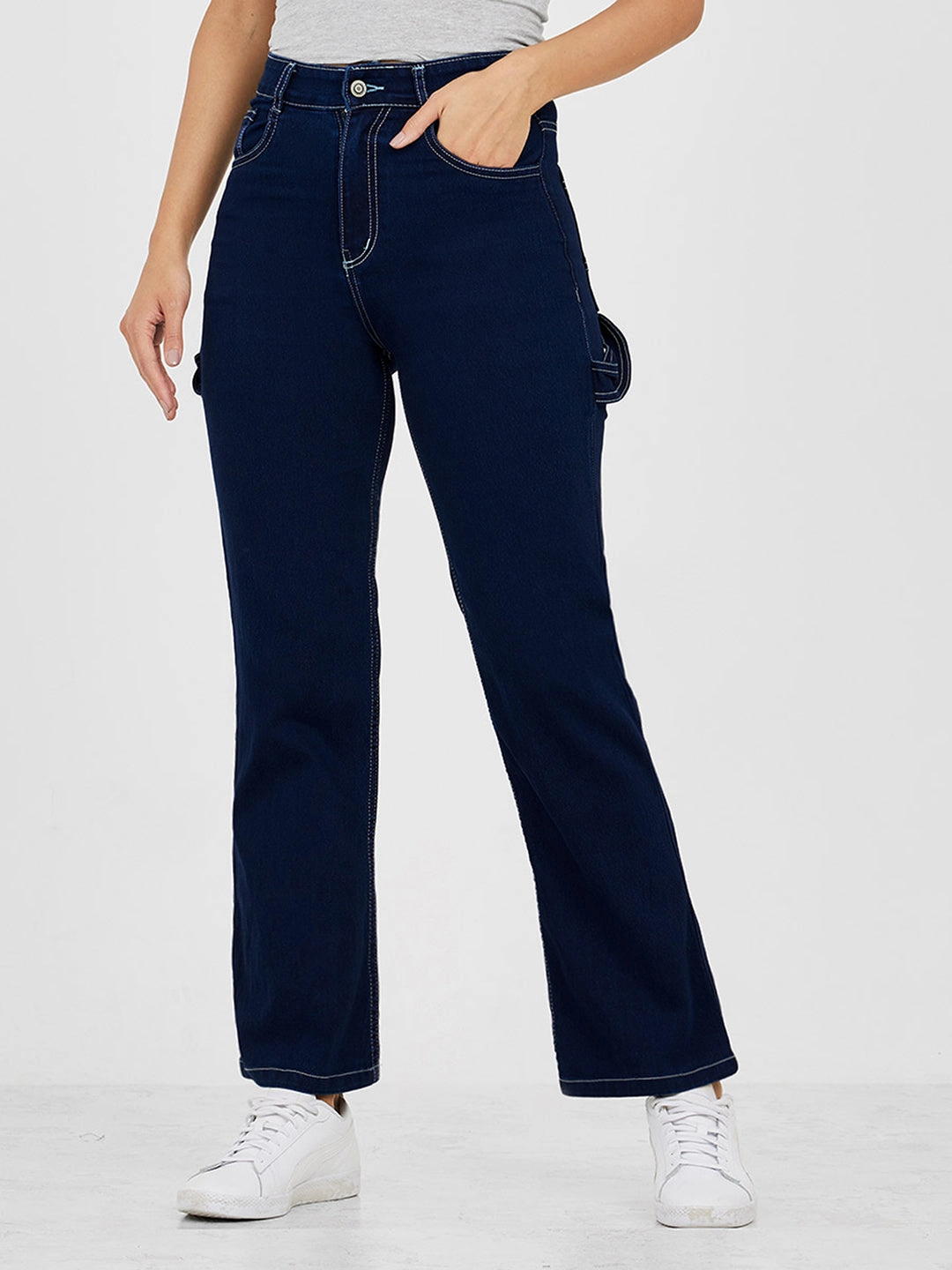 Women's Navy Blue Wide leg High-Rise Stretchable Denim Jeans Work Ready Earthy Balanced Fit
