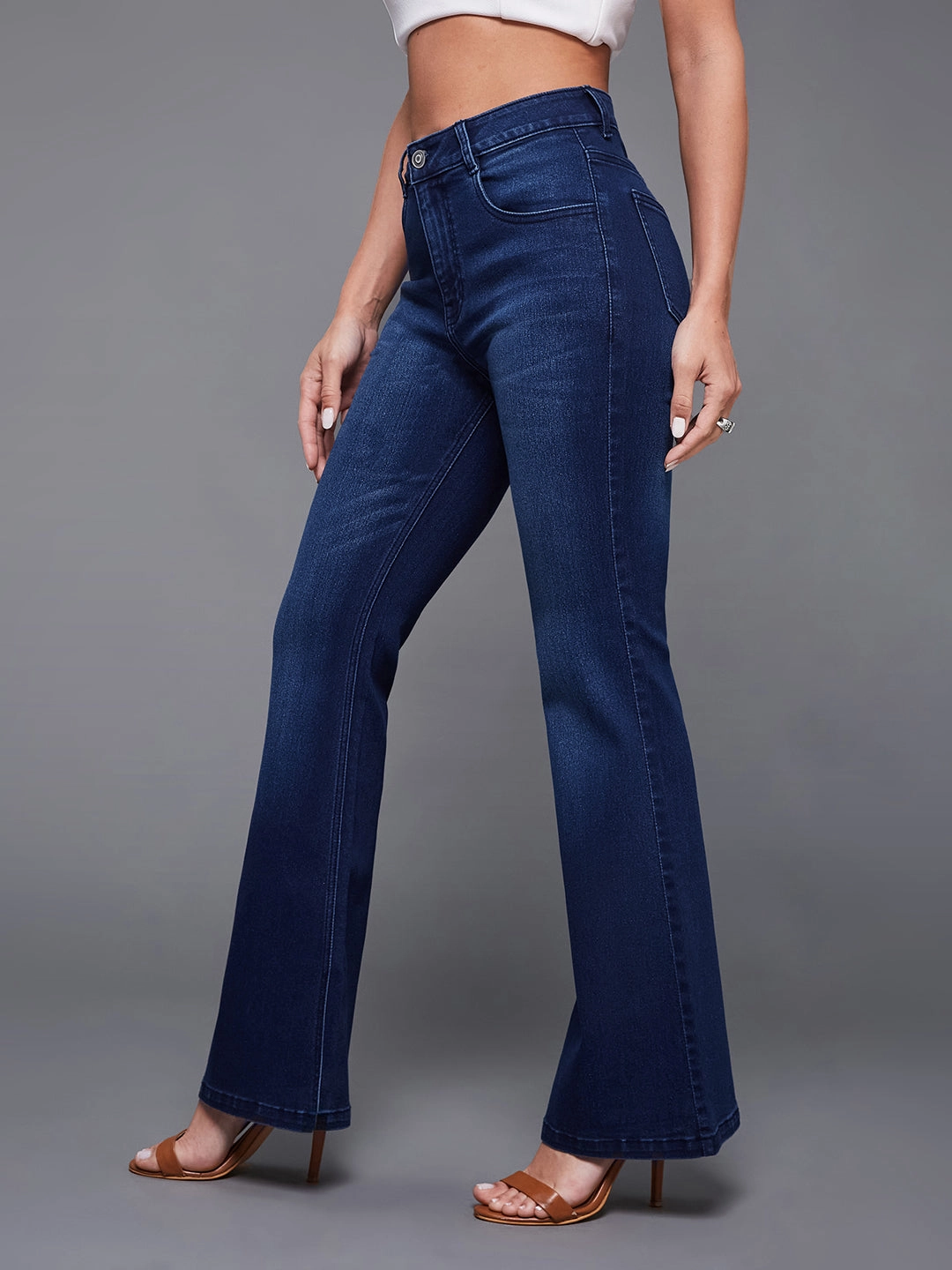 Music Event Smooth Casual True Fit 24/7 Comfort Navy-Blue Mid-Rise Stretchable Bootcut Denim Jeans