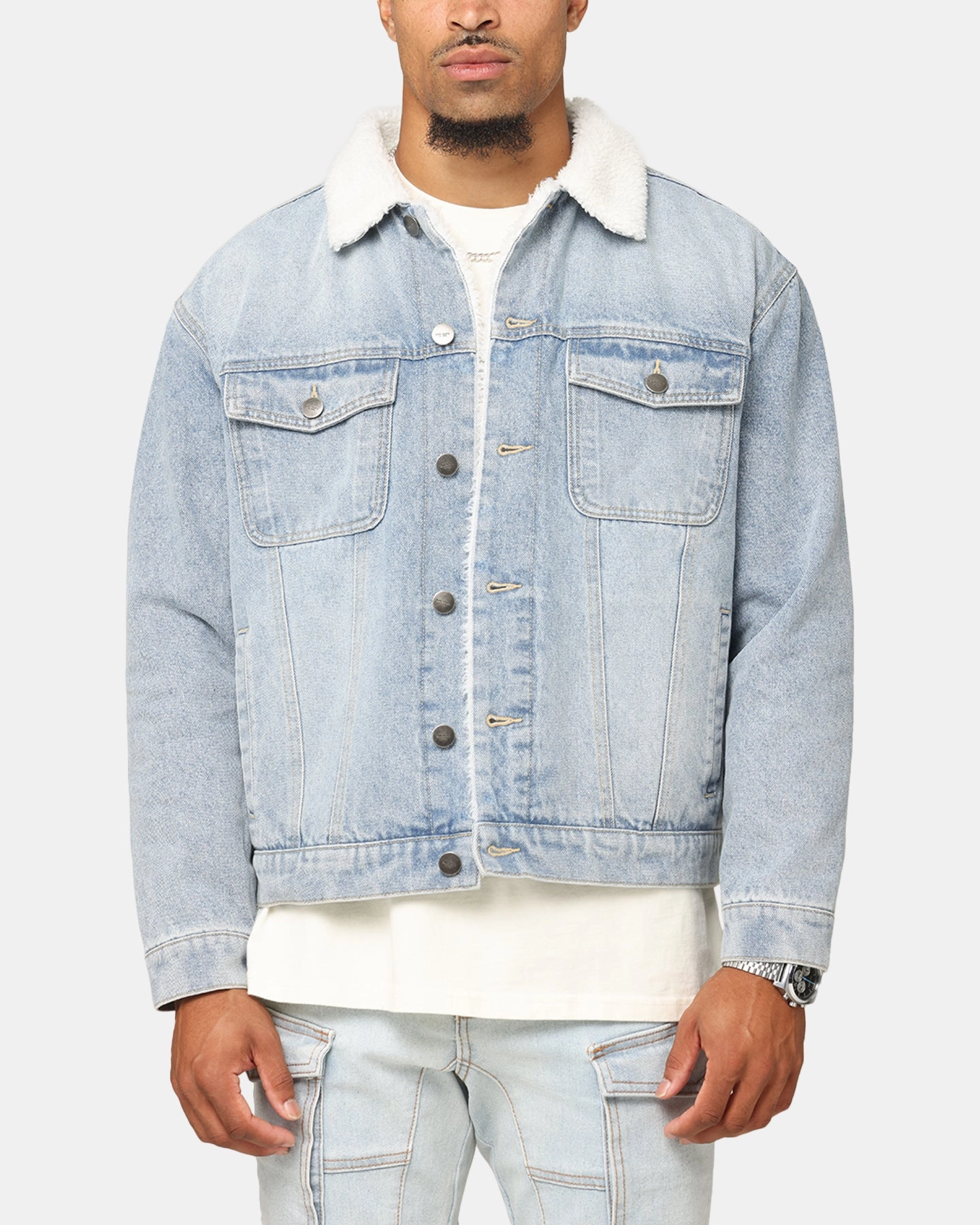 Snow Block Saint Morta Sherpa Boxy Denim Jacket Superwash Blue