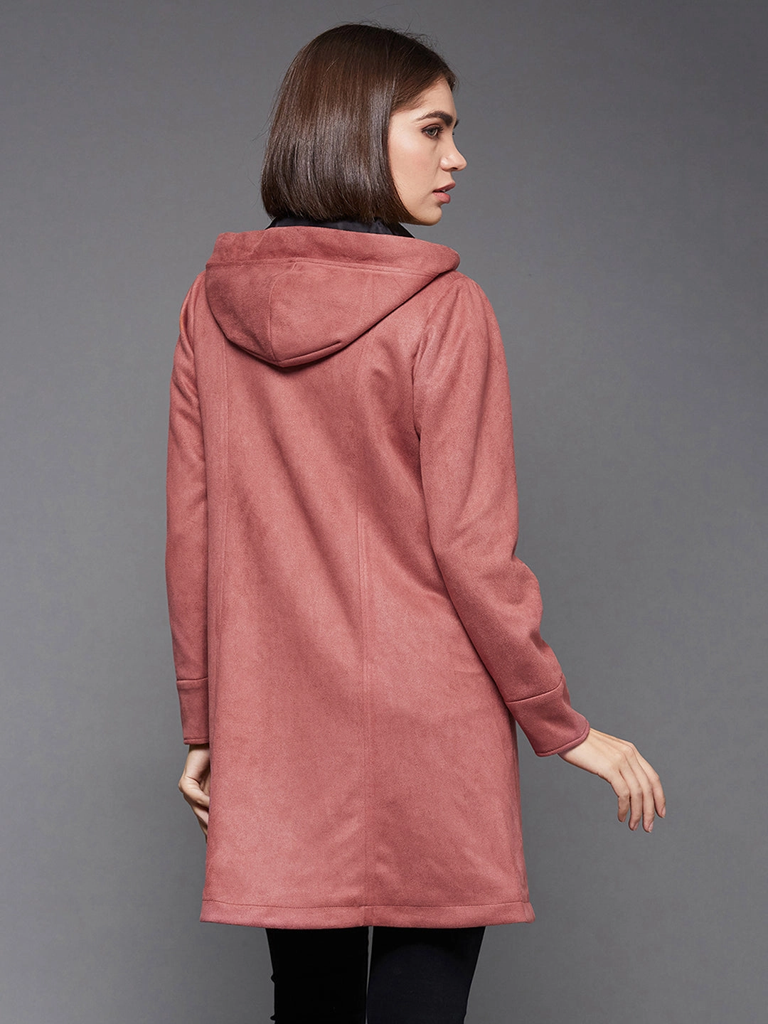 Women's Dark Peach Solid Hooded Neck Full Sleeves Casual Winter Wear Polyester High Low Longline Jacket Eco Friendly Recycled Material