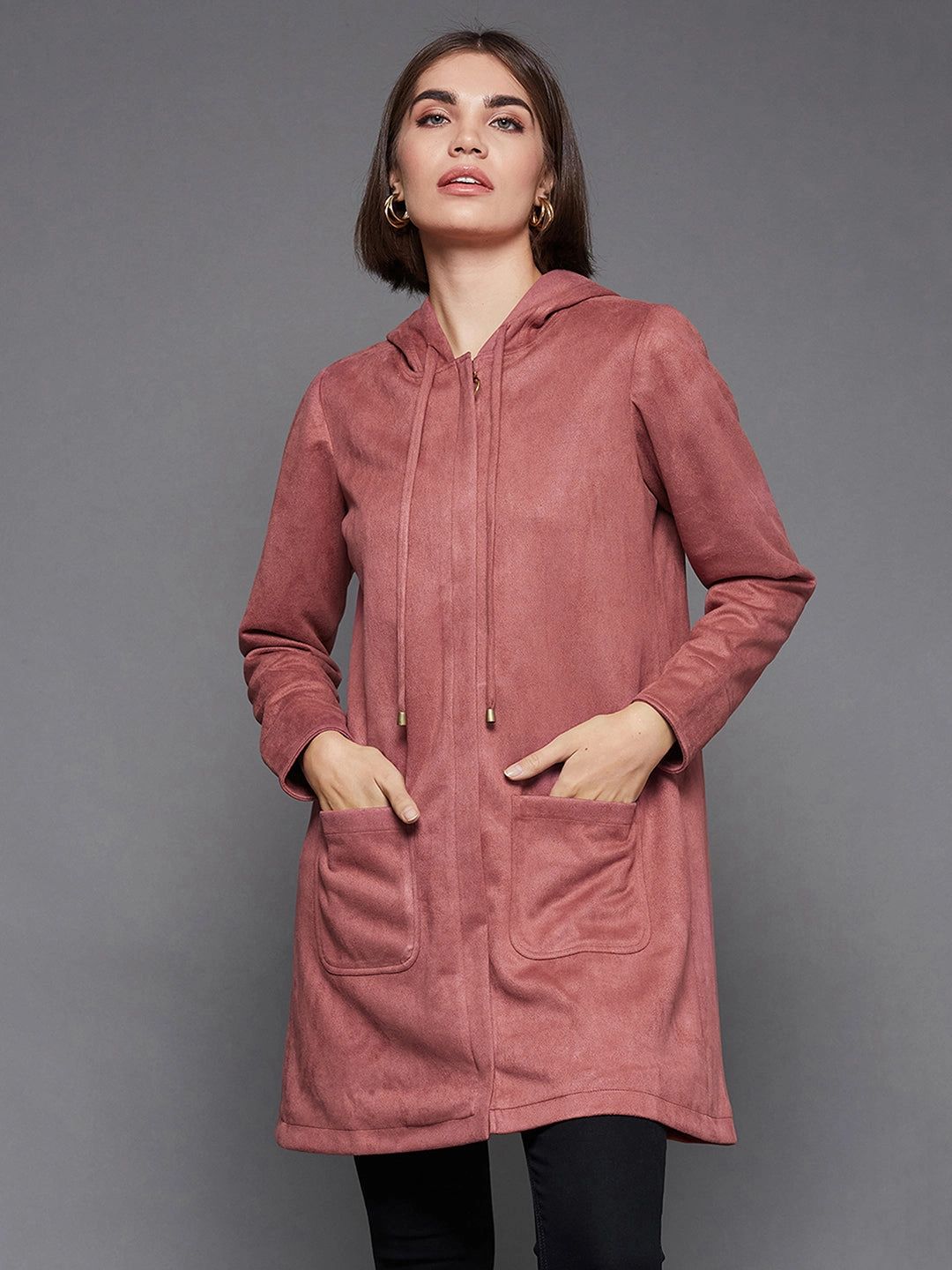 RibbedKnitCollar Everyday Active Style Women's Dark Peach Solid Hooded Neck Full Sleeves Casual Winter Wear Polyester High Low Longline Jacket