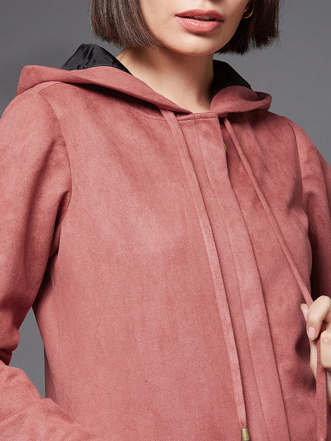 Women's Dark Peach Solid Hooded Neck Full Sleeves Casual Winter Wear Polyester High Low Longline Jacket Mesh Venting Reflective Safety Trim