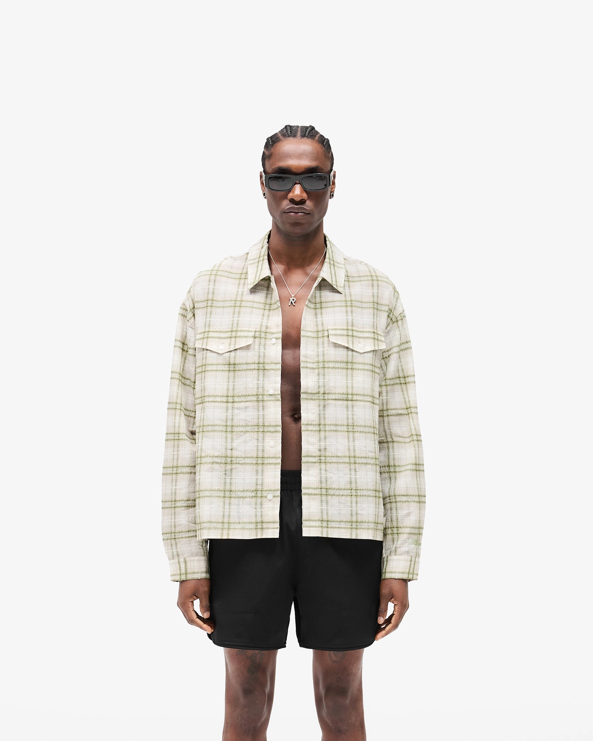 Flexible Knit Sheer Long Sleeve Flannel Shirt - Green