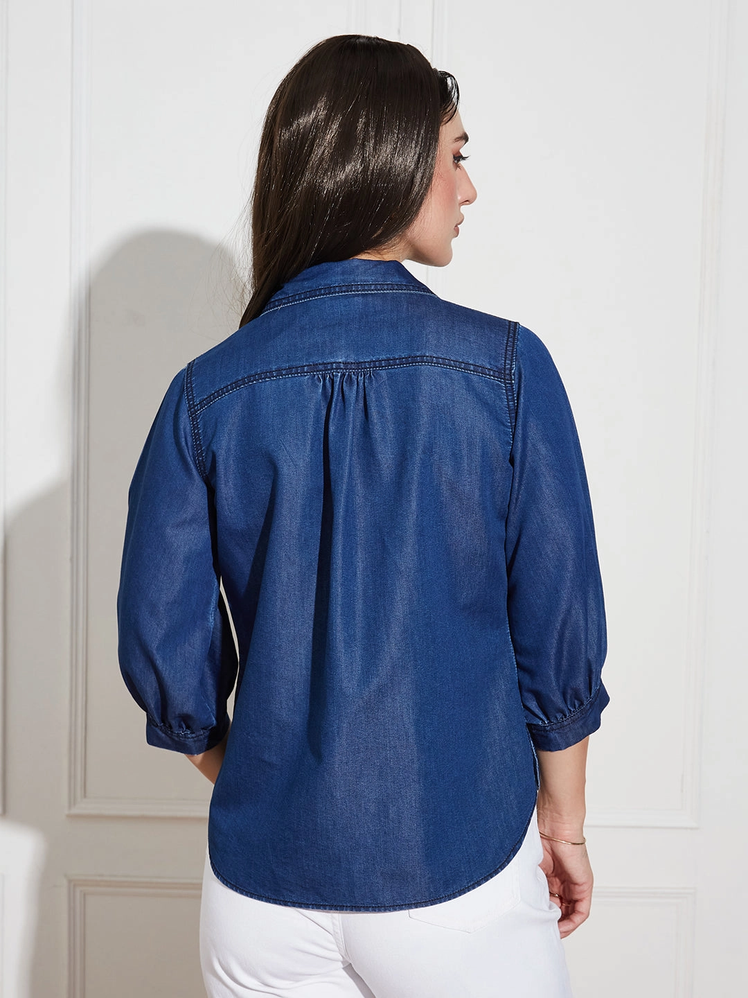Womens Dark Blue Collar-Neck Puff-Sleeve Solid-Colored Light Weight Denim Tunic Top Fade Resistant Coating Mesh Lining