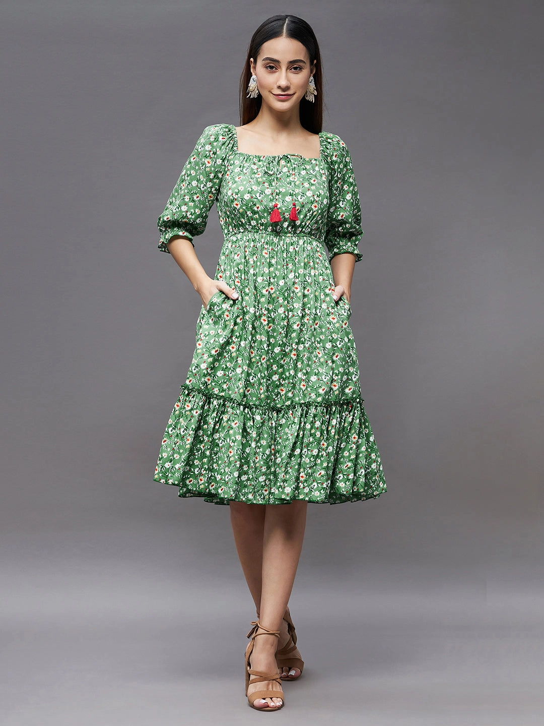 Women's Green Floral Square Neck 3/4 Sleeve Viscose Rayon Ruffled Knee Length Dress Mid layer