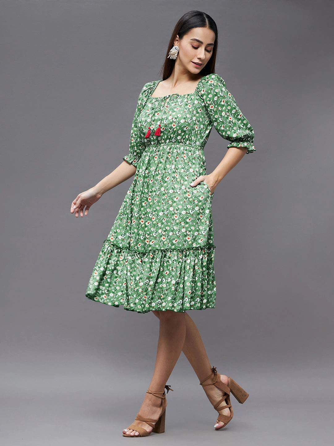 Women's Green Floral Square Neck 3/4 Sleeve Viscose Rayon Ruffled Knee Length Dress Fit Choice Smooth Edge