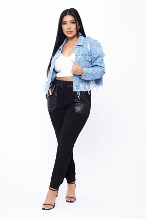 Boxy Destructed Denim Jacket with Discharge Prints Fit for Any Activity Squat Proof Fitness Lover Sweat Ready