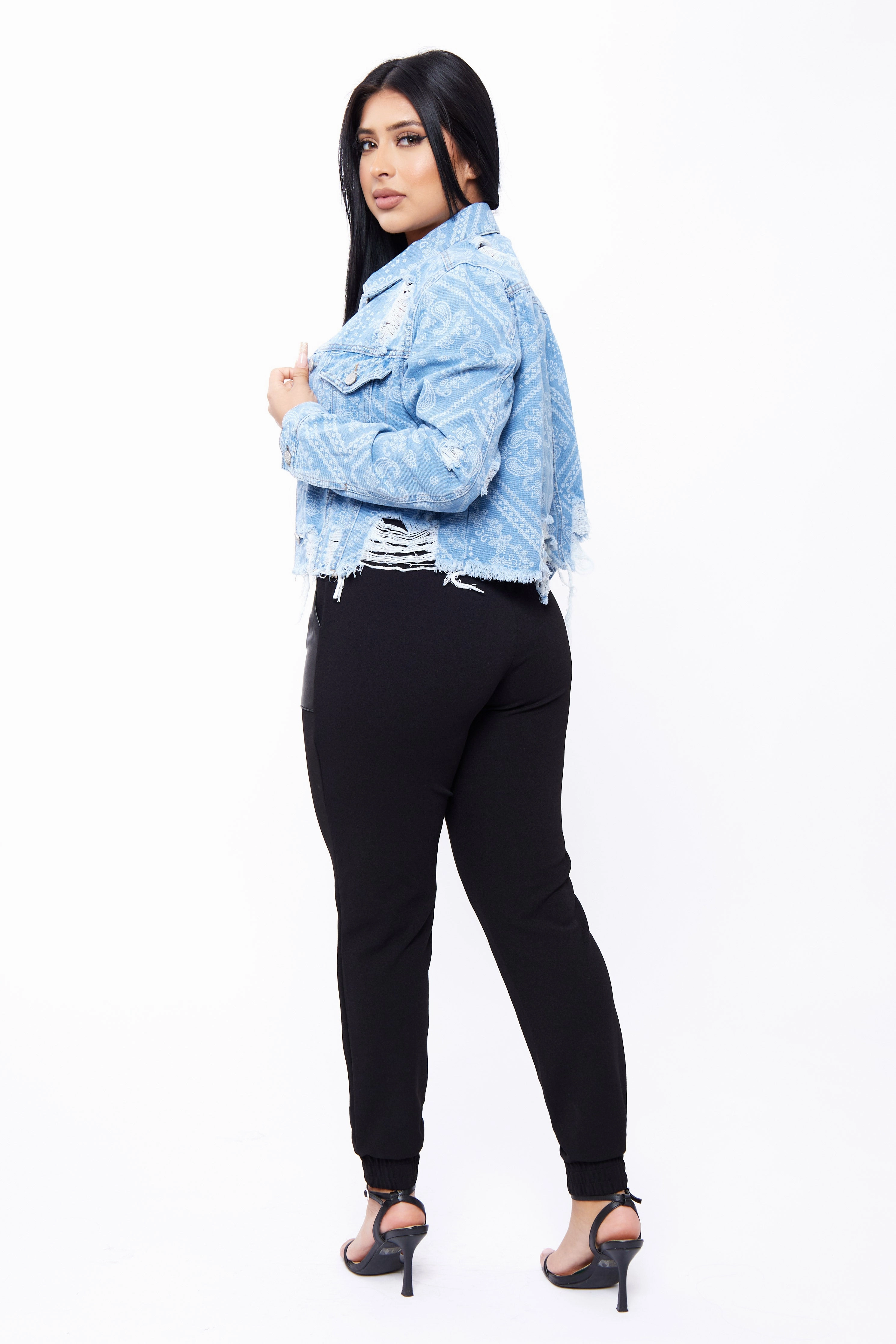 Boxy Destructed Denim Jacket with Discharge Prints Fit for Any Activity Cycling Trip High Waist Long Wearing