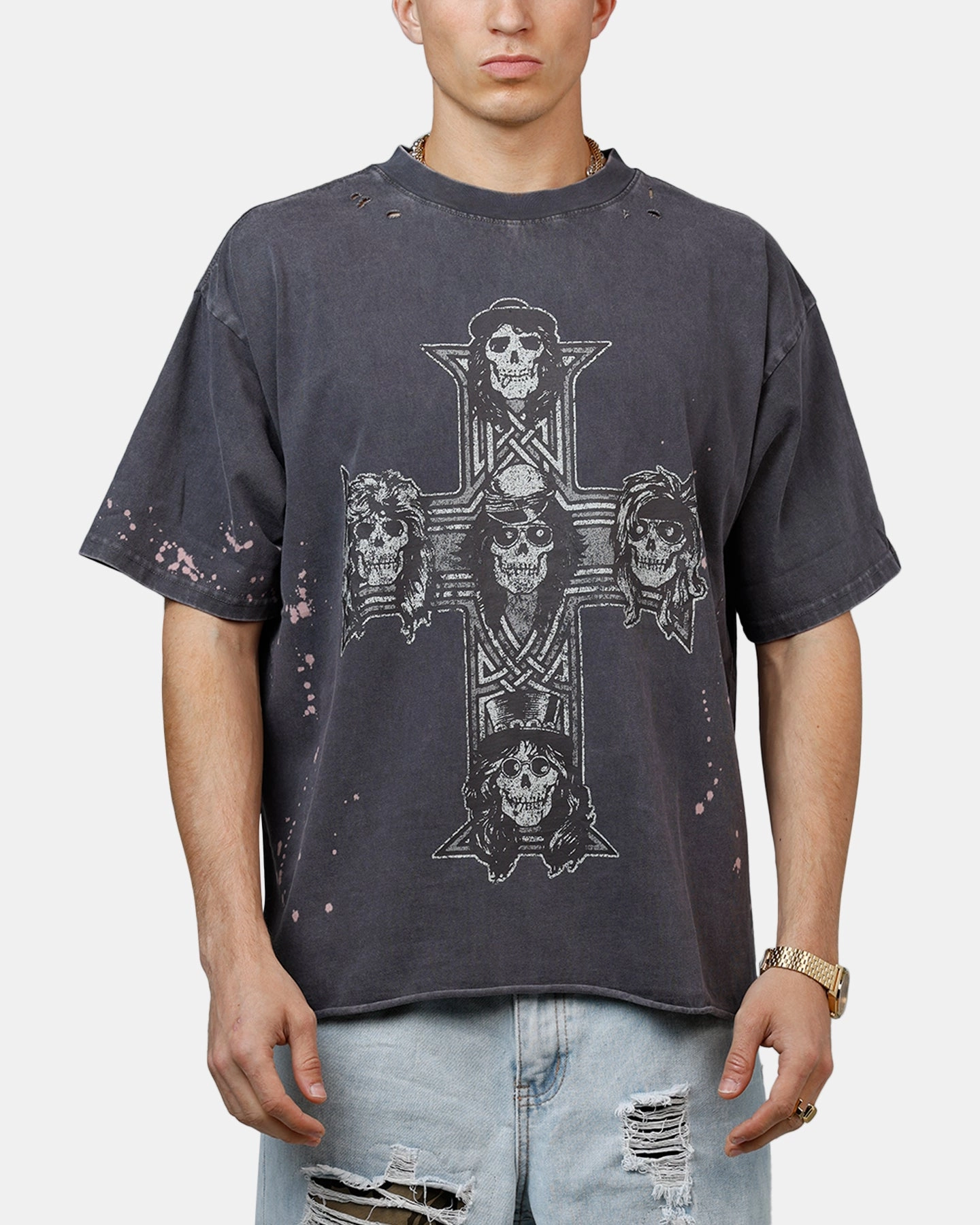 Stretchable Material Adjustable Hem Toggles Bravado Guns N Roses Cross T-Shirt Washed Black