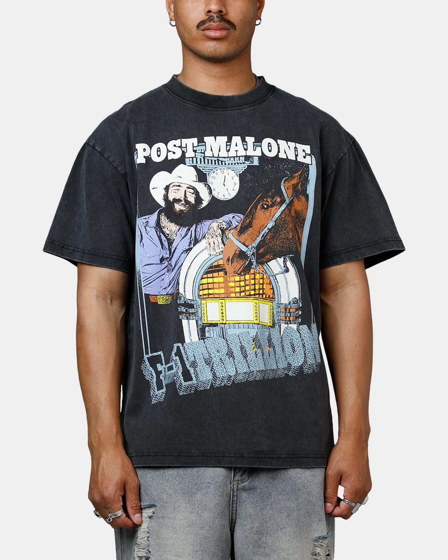 Abrasion Resistant Surface VNeckline Bravado Post Malone T-Shirt Washed Black