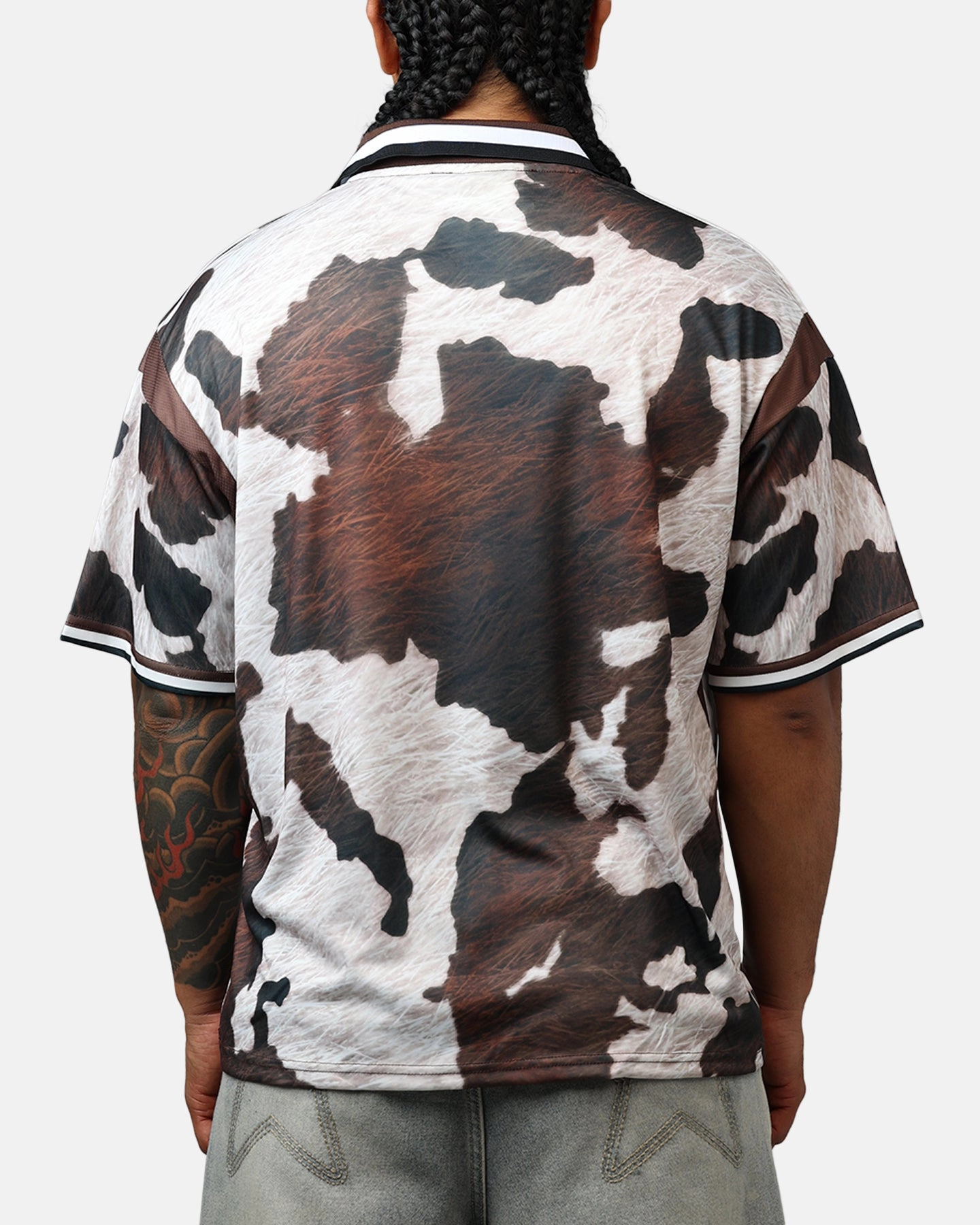 Neutral Tone Stitching Bravest Cow Print Jersey Brown/White