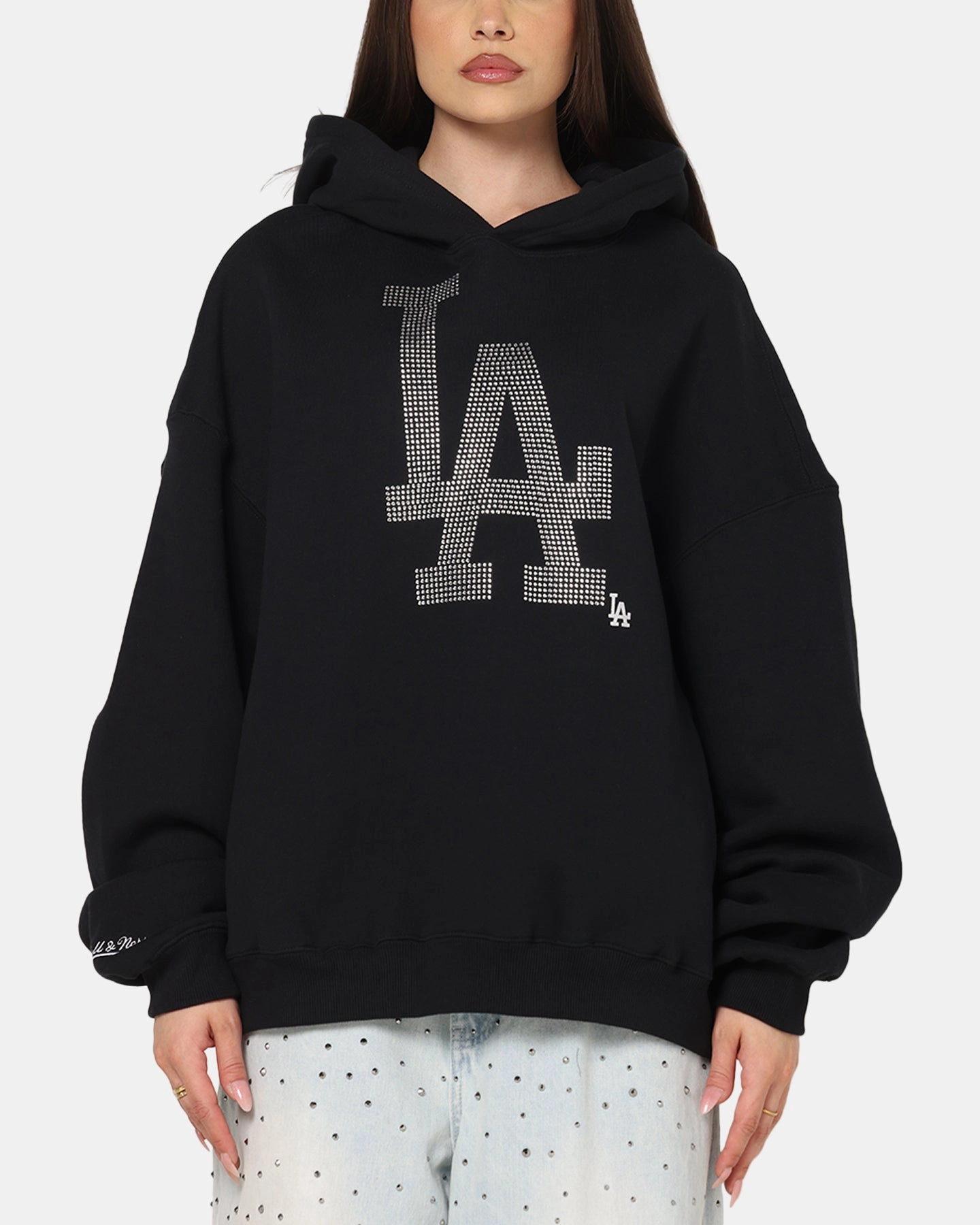Mitchell & Ness Los Angeles Dodgers Rhinestone Hoodie Faded Black Double Needle Hemming Versatile Design