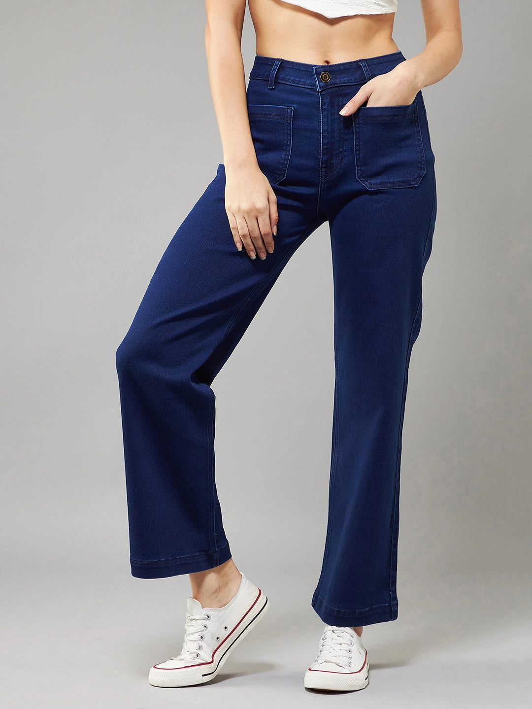 Street Ready Night Out Neutral Textured Women's Navy-Blue Flared High-Rise Stretchable Denim Jeans