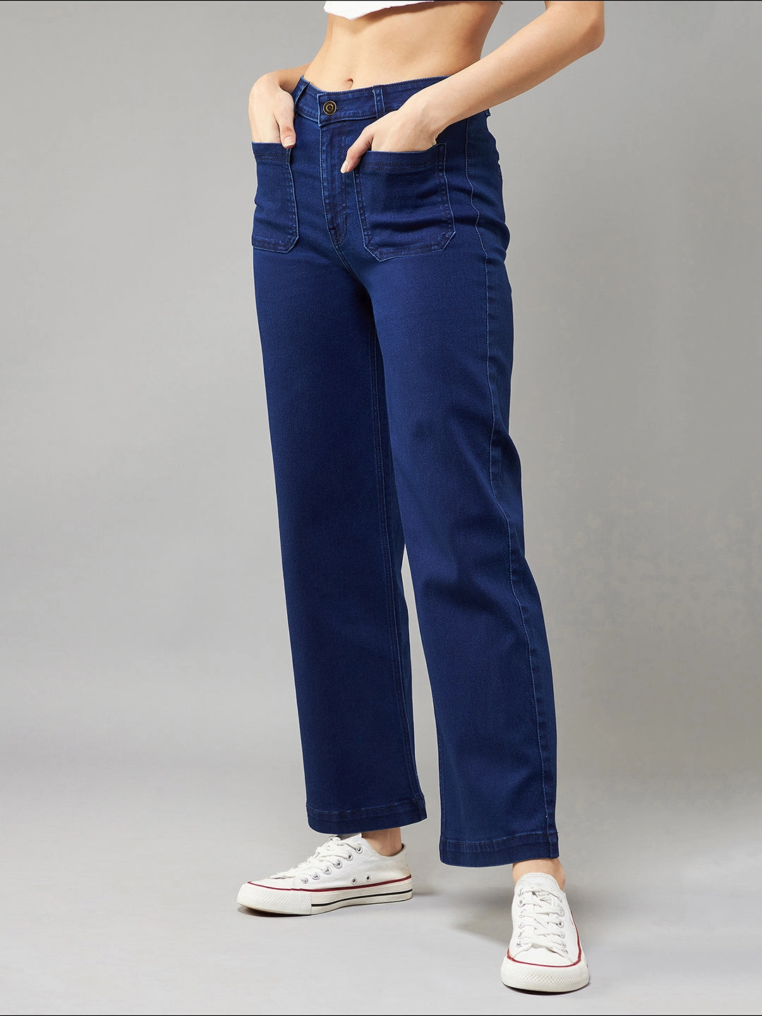 Women's Navy-Blue Flared High-Rise Stretchable Denim Jeans Unisex Wear Classic Professional Wear Wardrobe Classic