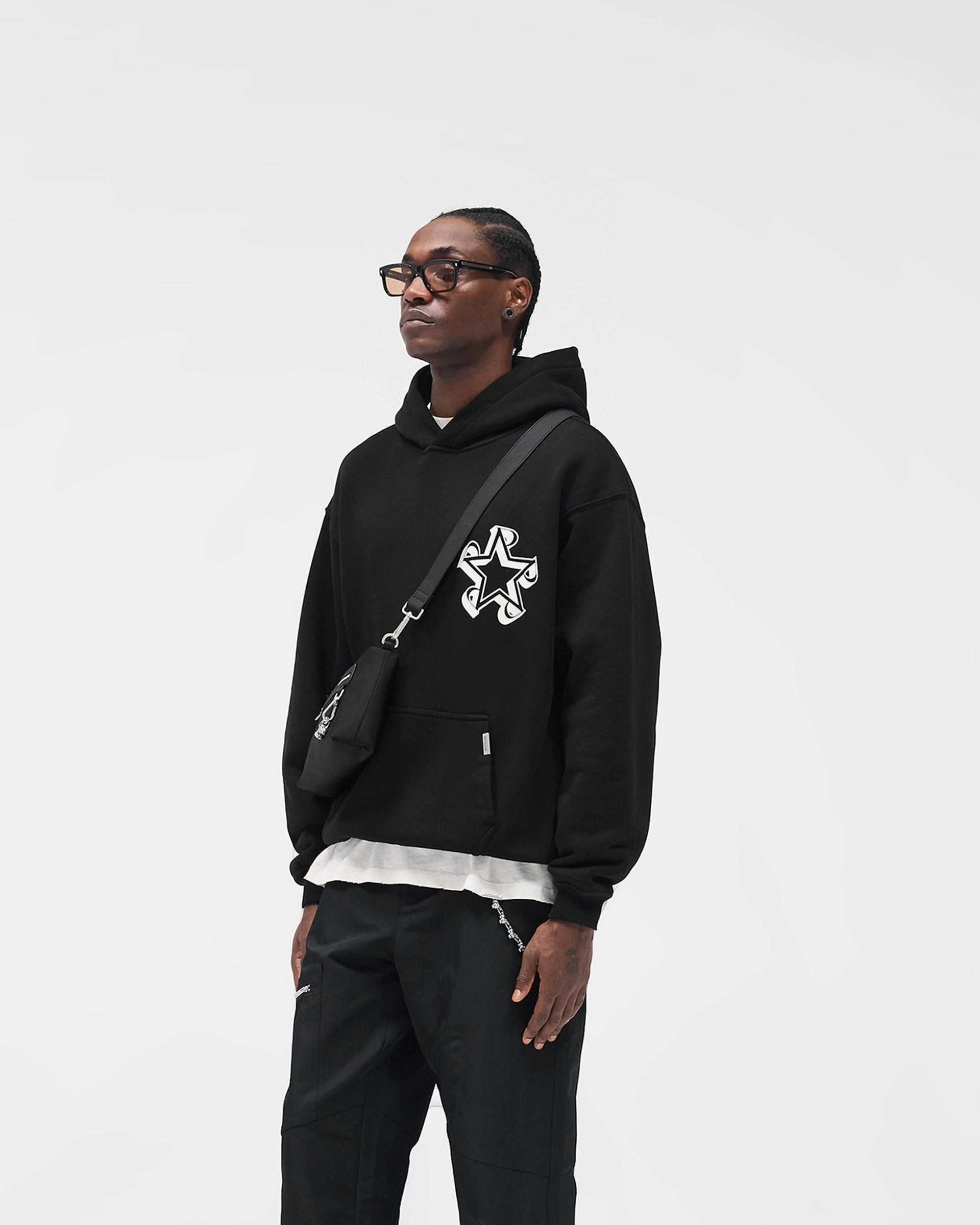 Garment Washed Finish Initial Star Hoodie - Jet Black