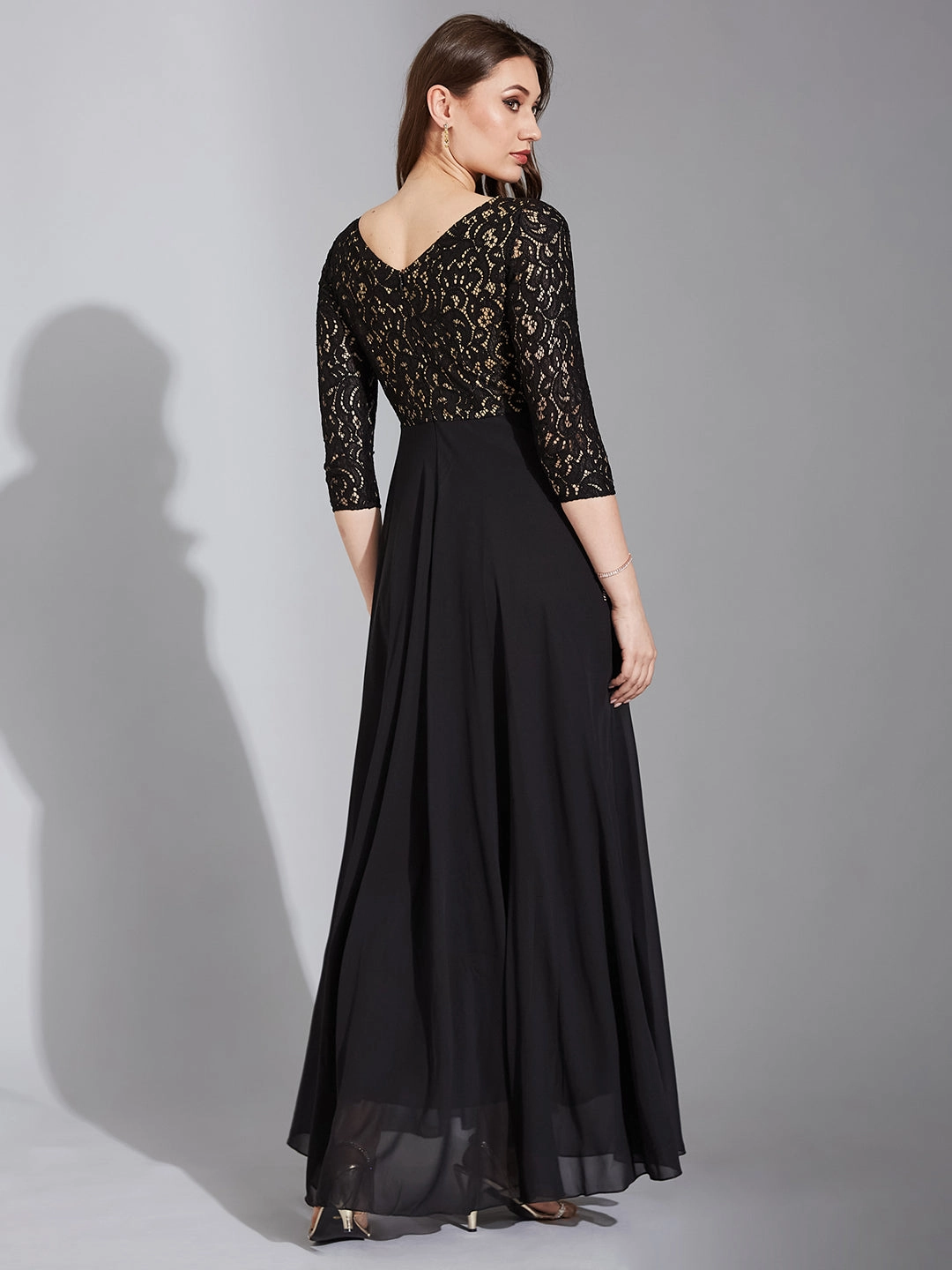 Women's Black Self Design Boat Neck 3/4 Sleeves Side Pocketed Georgette Fit and Flare Maxi Length Dress Velvet-Touch Bloom Soft