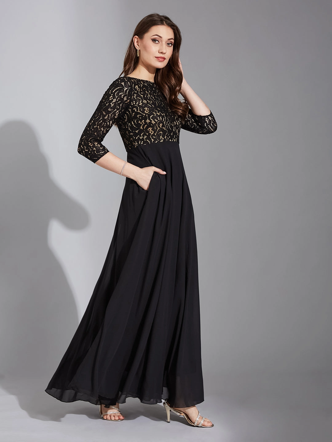 Elegant Vibe Balanced feel Women's Black Self Design Boat Neck 3/4 Sleeves Side Pocketed Georgette Fit and Flare Maxi Length Dress