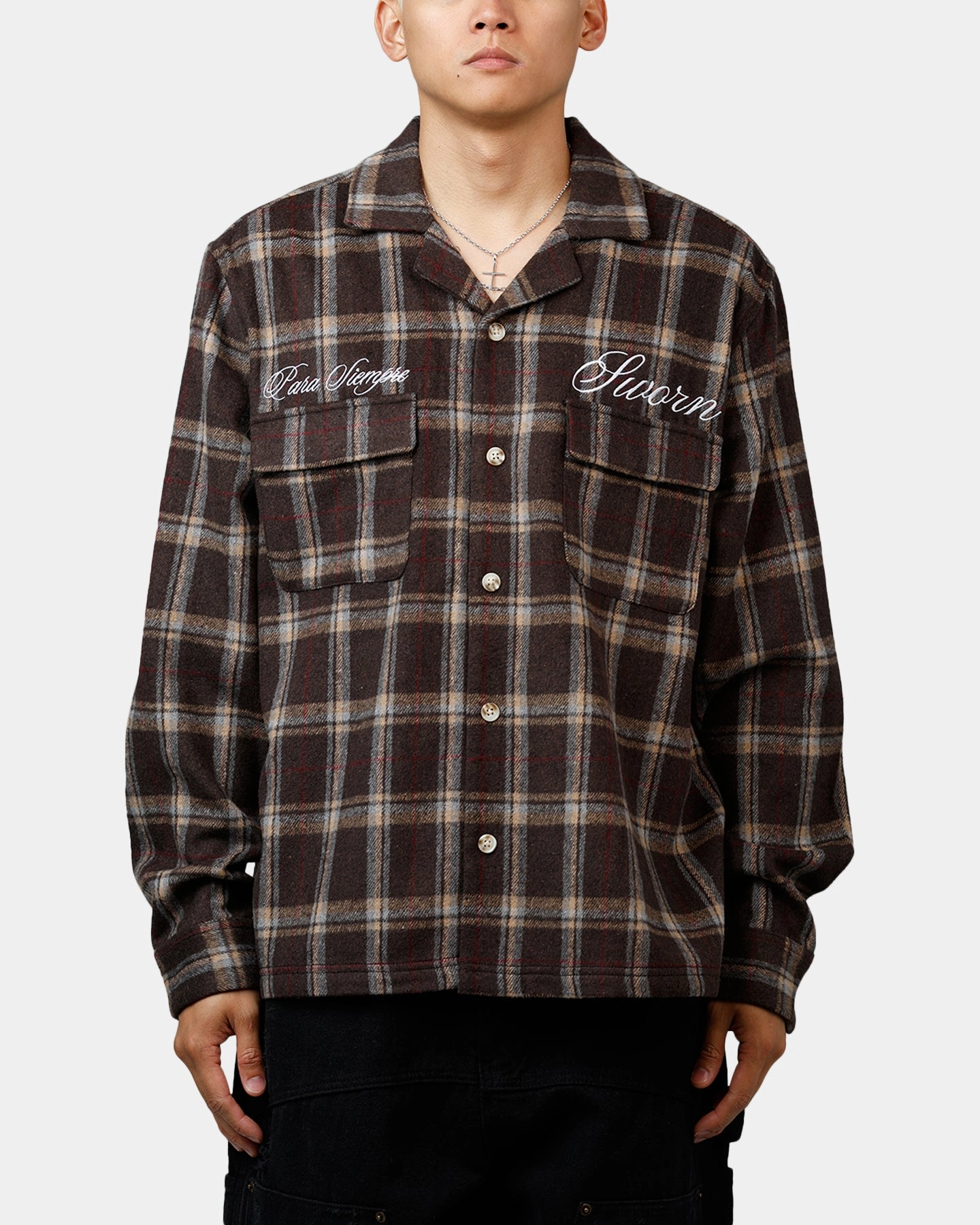 Sworn To Us Lotus Angel Flannel Button Up Shirt Brown FlexibleLayeredConstruction