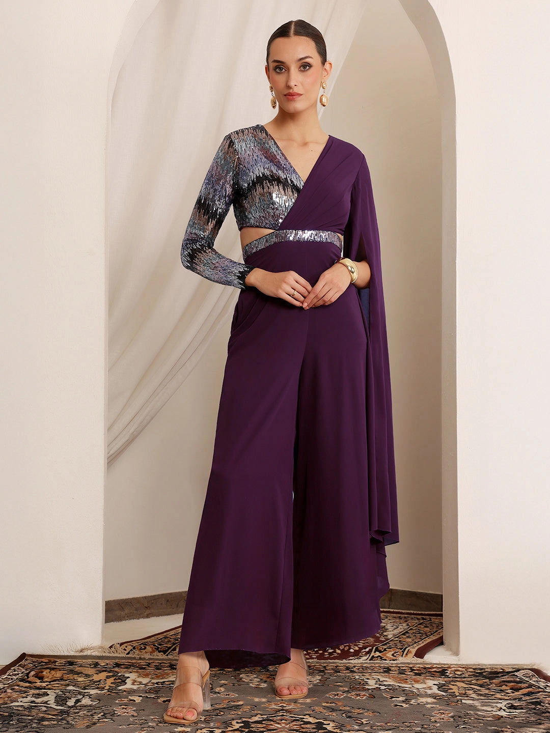 Women's Dark Purple V-Neck Asymmetric Embellished Georgette Jumpsuit Trendy Wearable