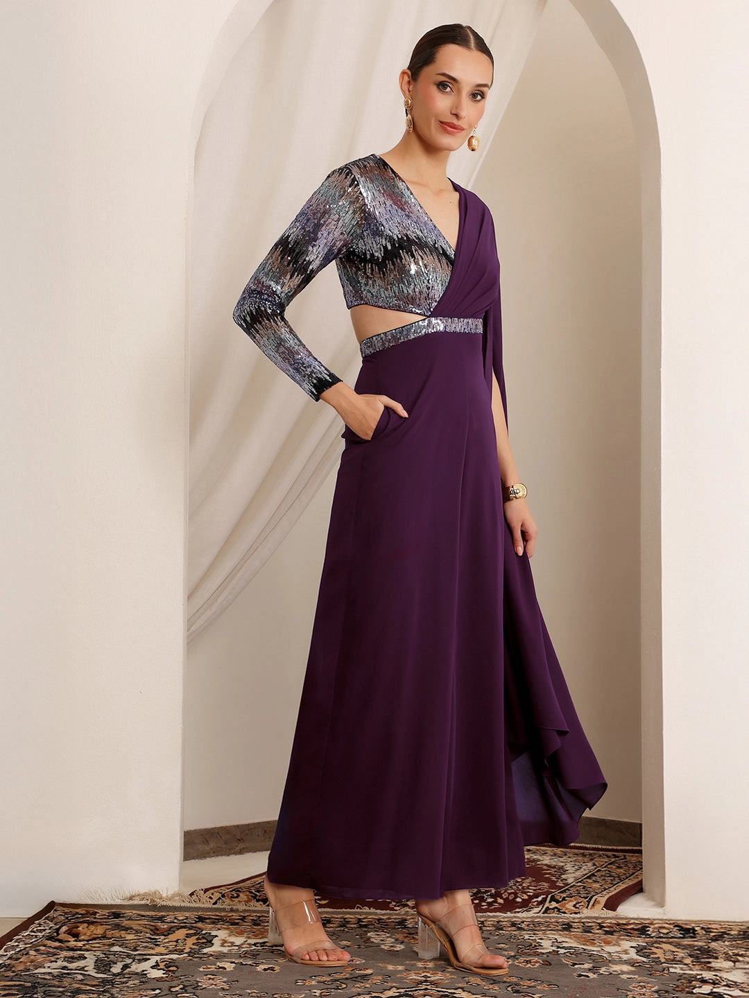 Women's Dark Purple V-Neck Asymmetric Embellished Georgette Jumpsuit Natural Wrap