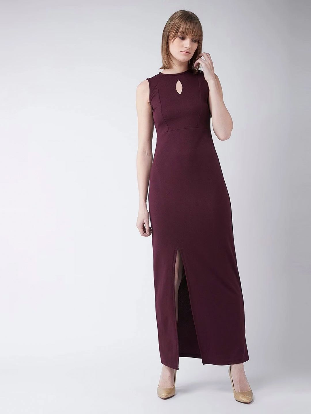 EcoFriendlyDye Crease Ease Women's Wine Red Round Neck Sleeveless Solid Bodycon Slit Detailing Maxi Dress