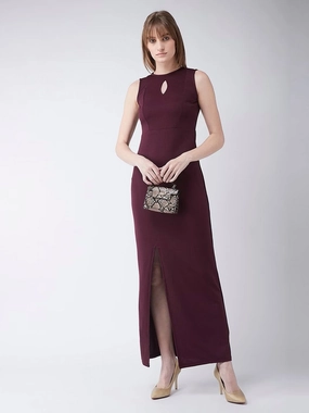 Night Vibes Crease Ease Women's Wine Red Round Neck Sleeveless Solid Bodycon Slit Detailing Maxi Dress