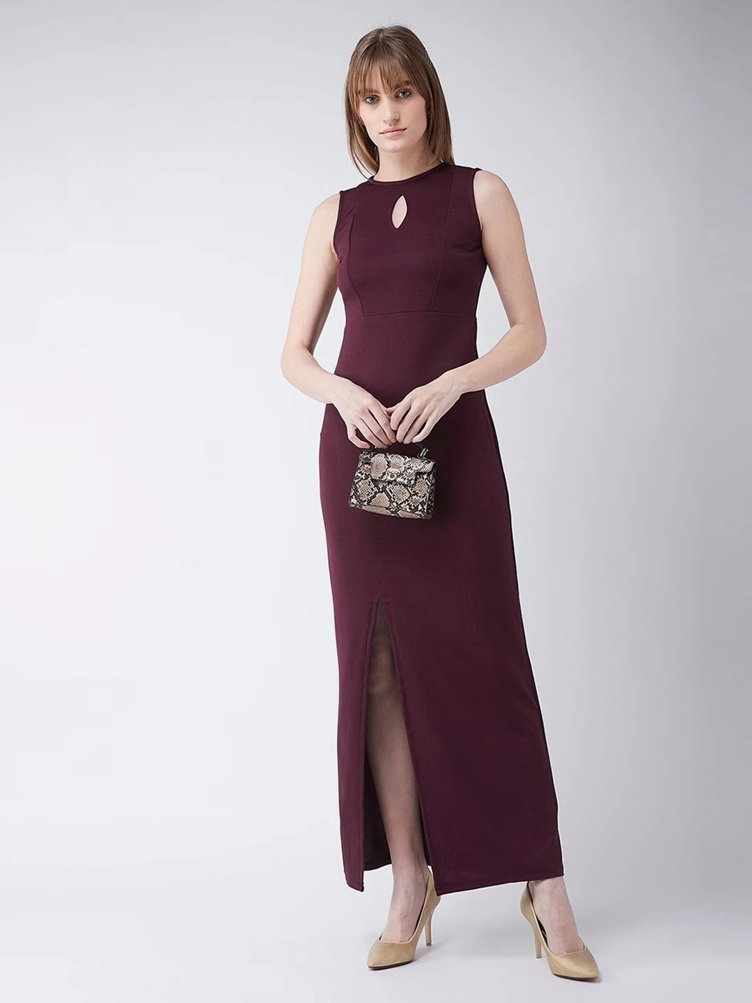 Crease Ease Women's Wine Red Round Neck Sleeveless Solid Bodycon Slit Detailing Maxi Dress Comfortable Layering