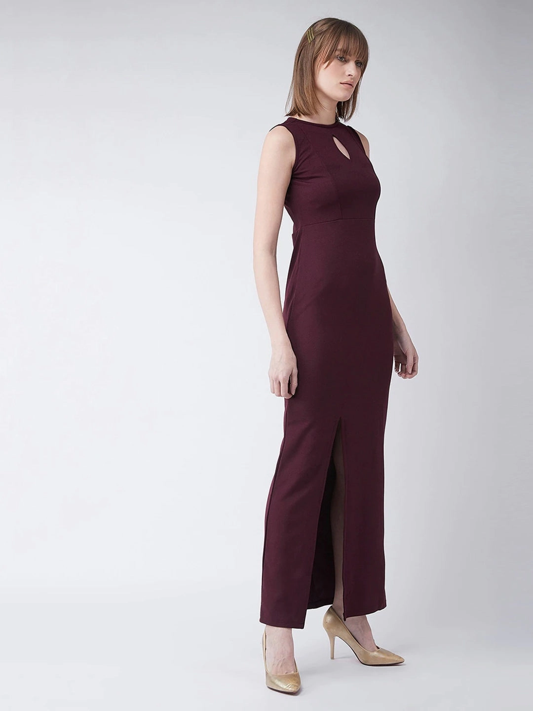 Lightweight and Breezy Perfect Day-to-Night Crease Ease Women's Wine Red Round Neck Sleeveless Solid Bodycon Slit Detailing Maxi Dress