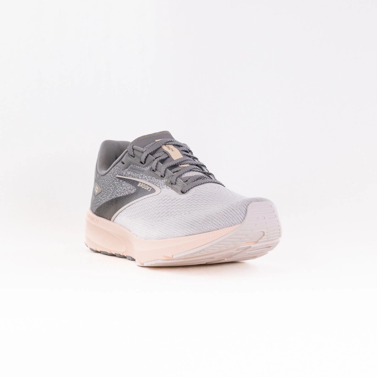 Brooks Launch 10 (Women's) - Grey/Crystal Grey/Pale Peach Ergonomic Last Design running in a group shoes