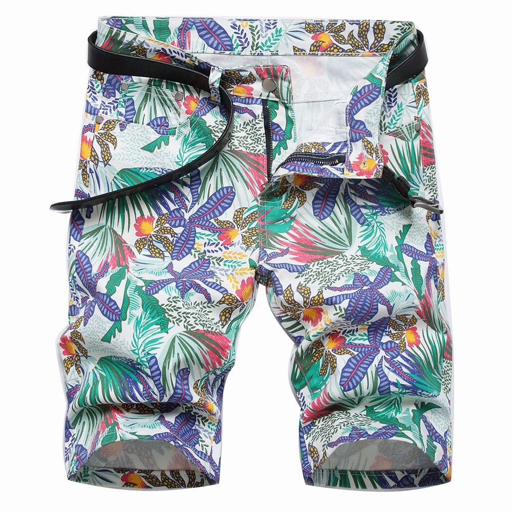 Tagless Labeling West Louis? Tropical Floral Digital Print Stretch Denim Shorts