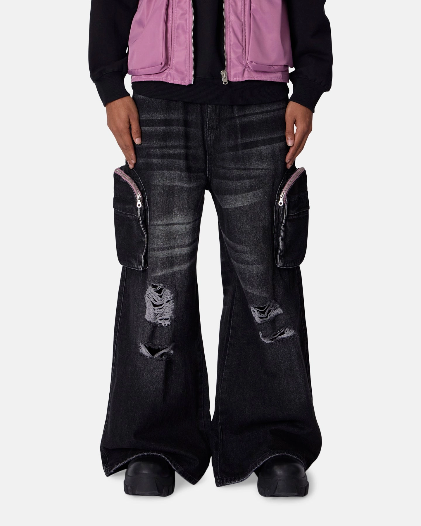 MNML C23 Rave Double Cargo Denim Pants Washed Black Breath Fit