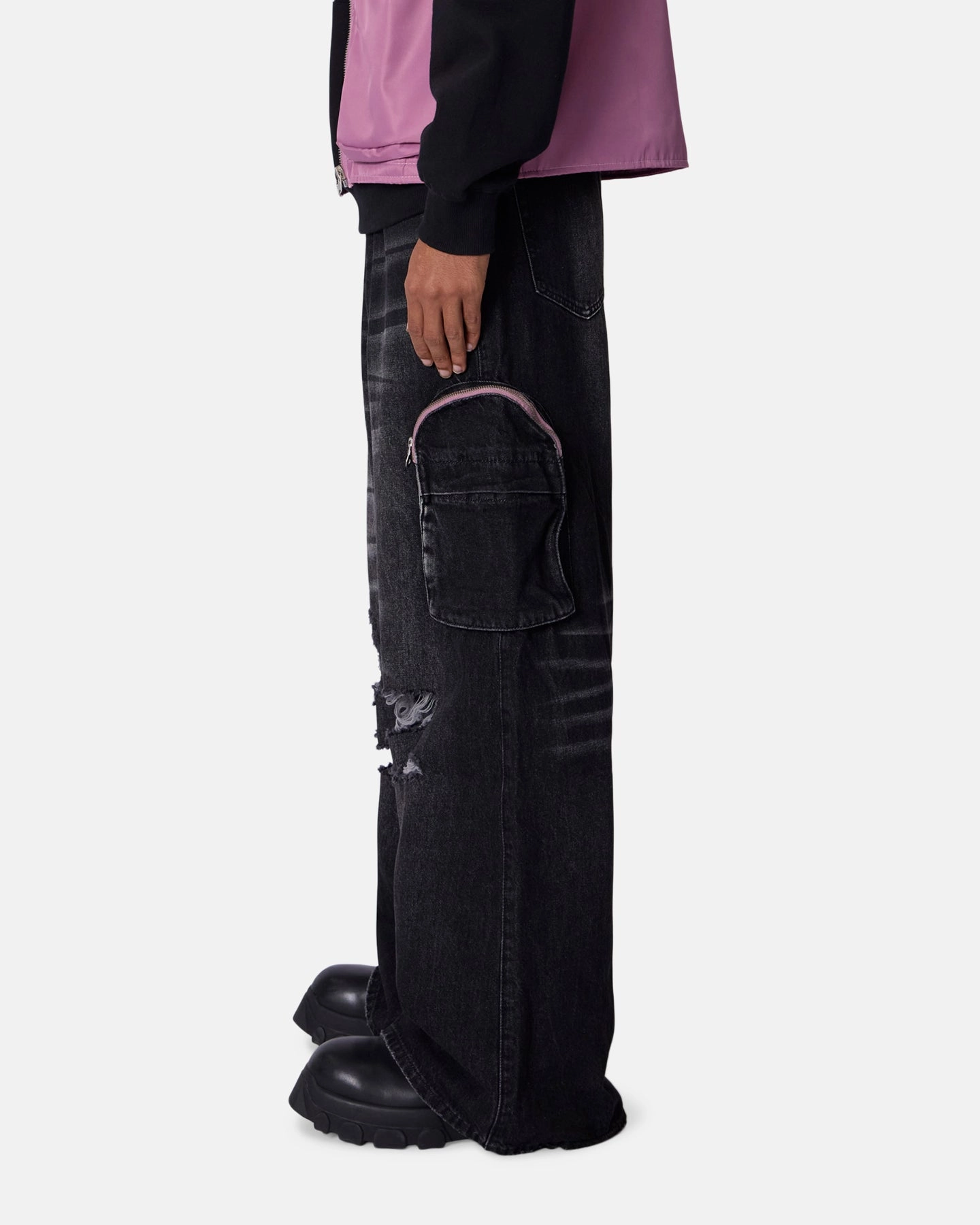 Twill Weave Texture AdjustableDrawstring MNML C23 Rave Double Cargo Denim Pants Washed Black