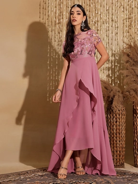 Sleek Look Women's Multicolored-Base-Dusty Lavender Round Neck Short Sleeve Floral Layered Georgette Midi Dress