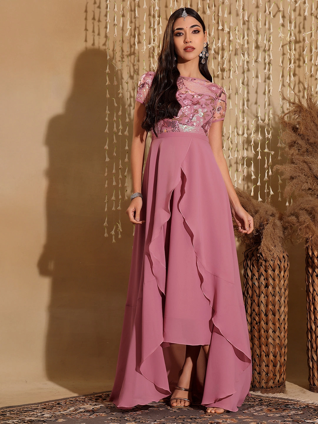 Women's Multicolored-Base-Dusty Lavender Round Neck Short Sleeve Floral Layered Georgette Midi Dress Printed-Fabric Silky Touch