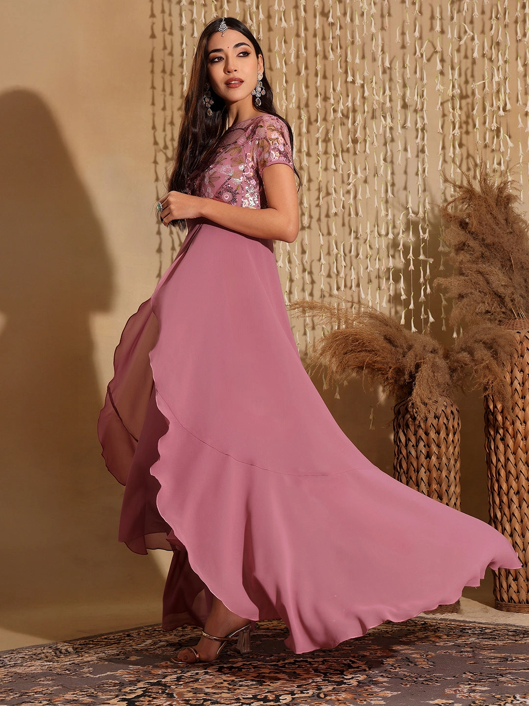 Women's Multicolored-Base-Dusty Lavender Round Neck Short Sleeve Floral Layered Georgette Midi Dress Fall Silhouette Lounge Texture