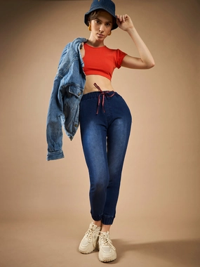 Road Trip Bold Look Smart Casual Classic Item Women's Navy Blue Solid Mid-Rise Clean-Look Regular-Length Stretchable Denim Jogger Pants