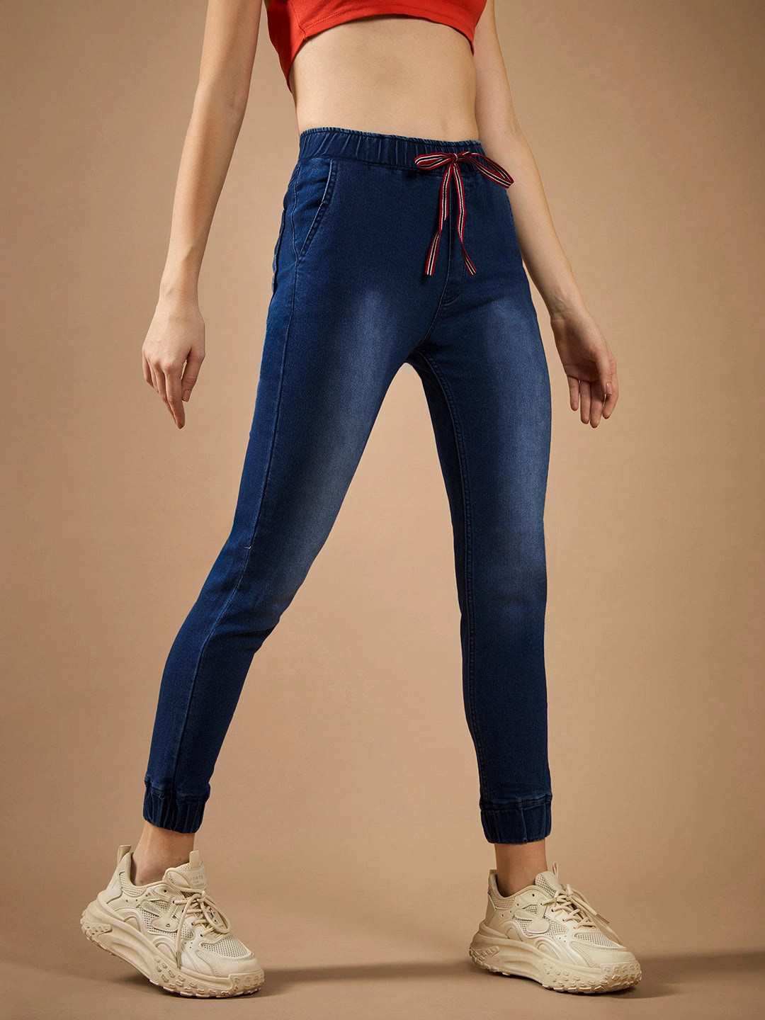 Street Fashion Breathable Fashion Piece Women's Navy Blue Solid Mid-Rise Clean-Look Regular-Length Stretchable Denim Jogger Pants