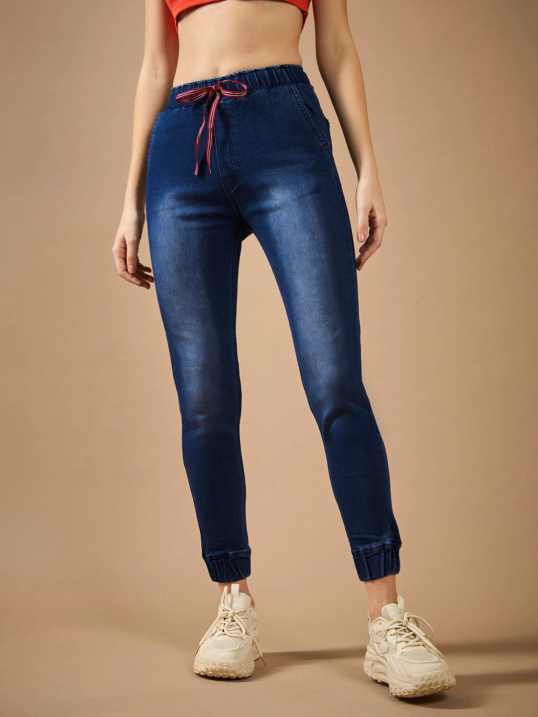 Yearlong Fit Everyday Basic Women's Navy Blue Solid Mid-Rise Clean-Look Regular-Length Stretchable Denim Jogger Pants