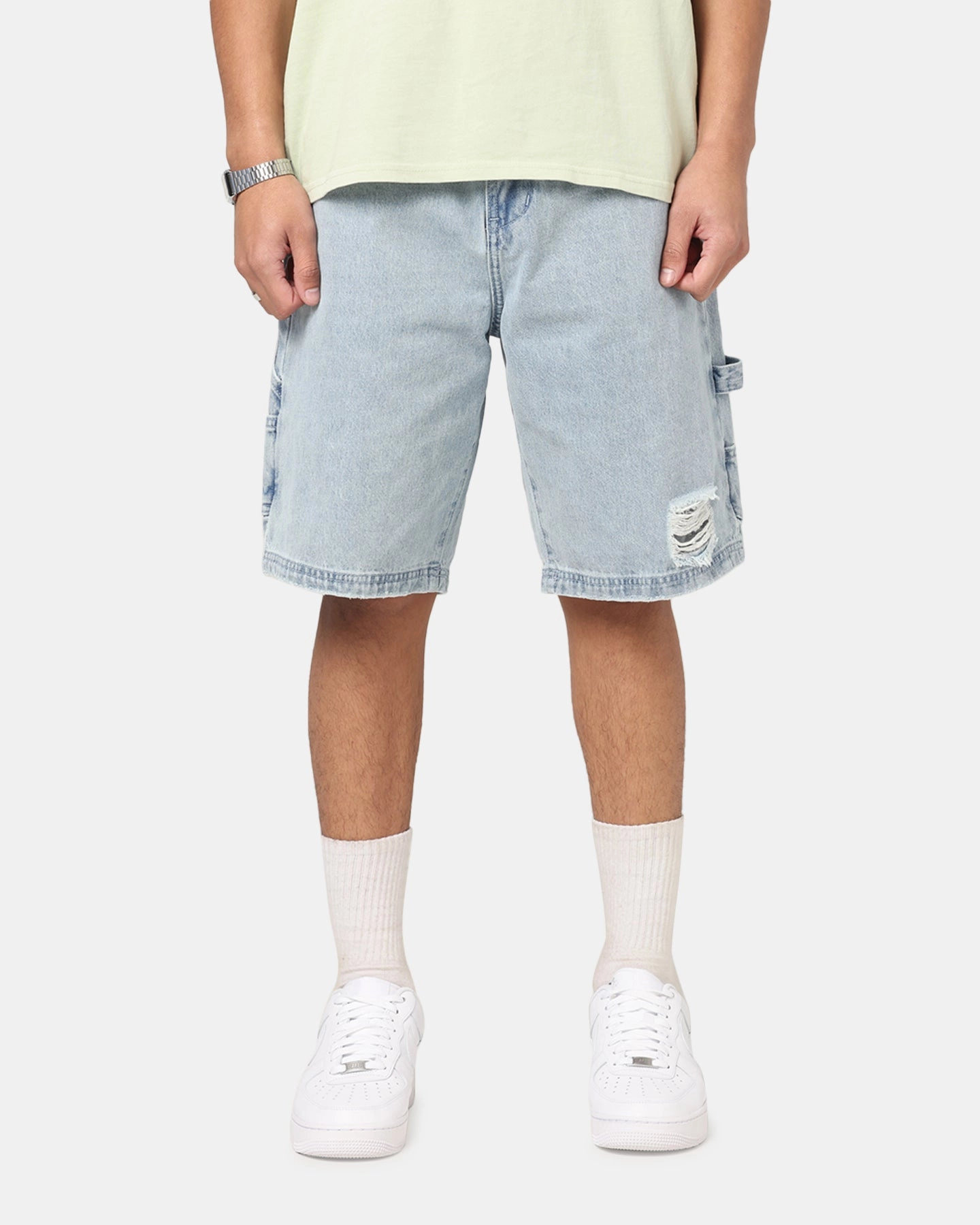 Stretch Flex Carre Distressed Carpenter Jorts Light Blue Wash