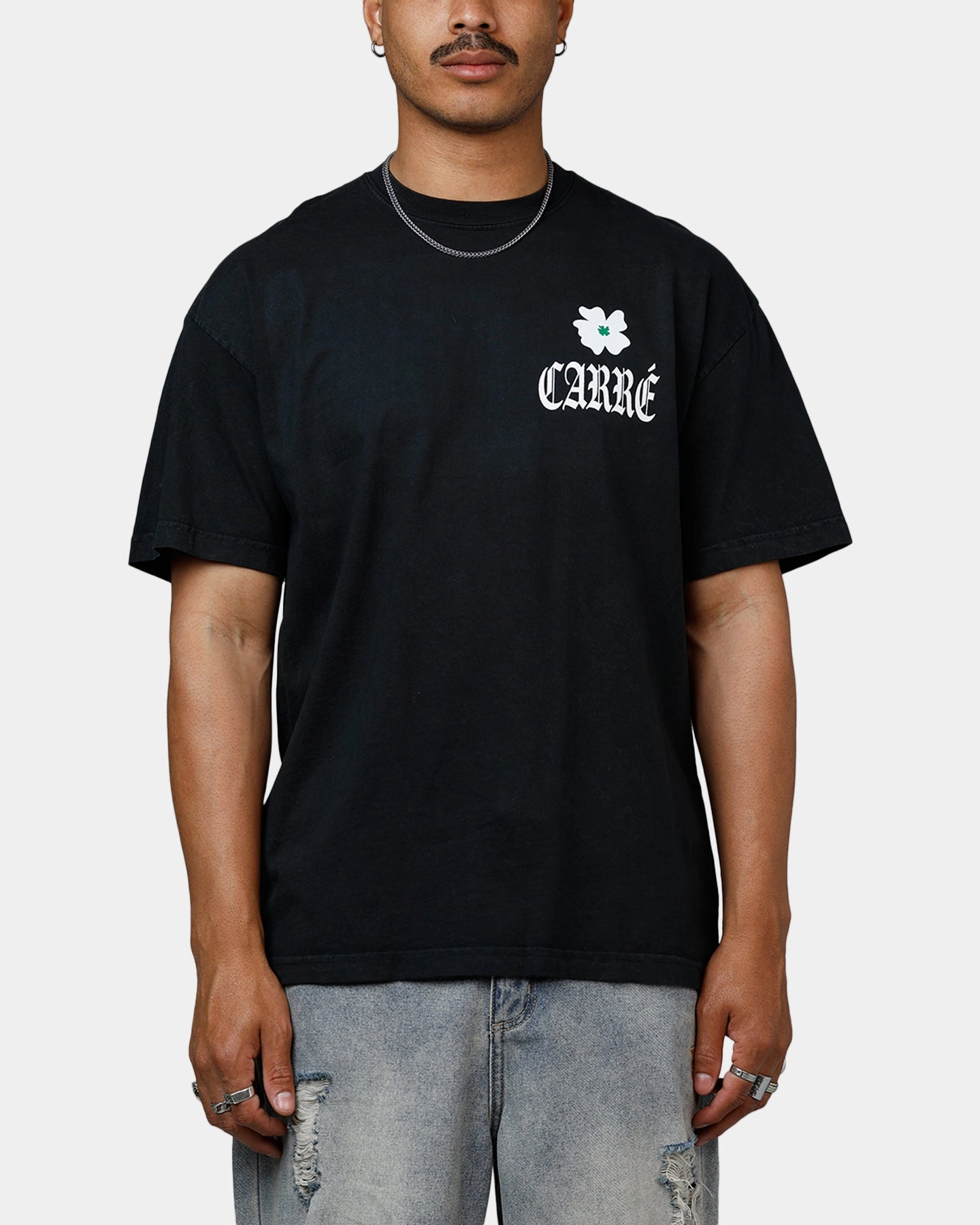 DoubleLayered Neckline HiddenStoragePocket Carre Eternal Garden Heavyweight T-Shirt Black Acidwash