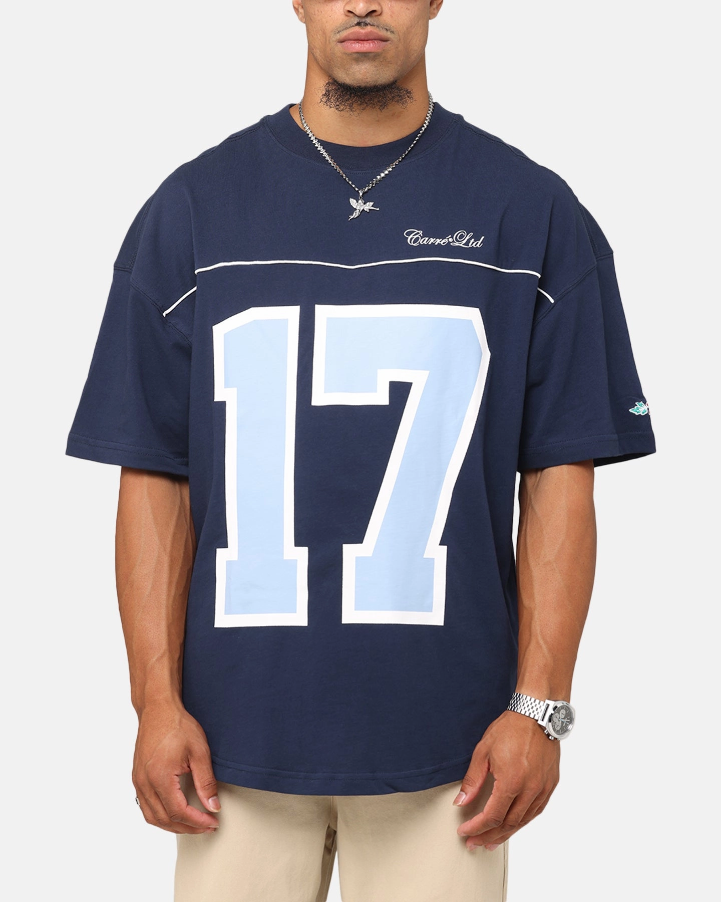 Fitted Shirt Odor Resistant Material Carre Hitta Grid Iron T-Shirt Navy/Light Blue